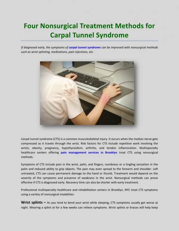 Four Nonsurgical Treatment Methods for Carpal Tunnel Syndrome