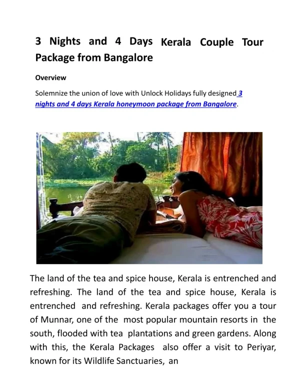 Kerala Couple Honeymoon Packages from Bangalore