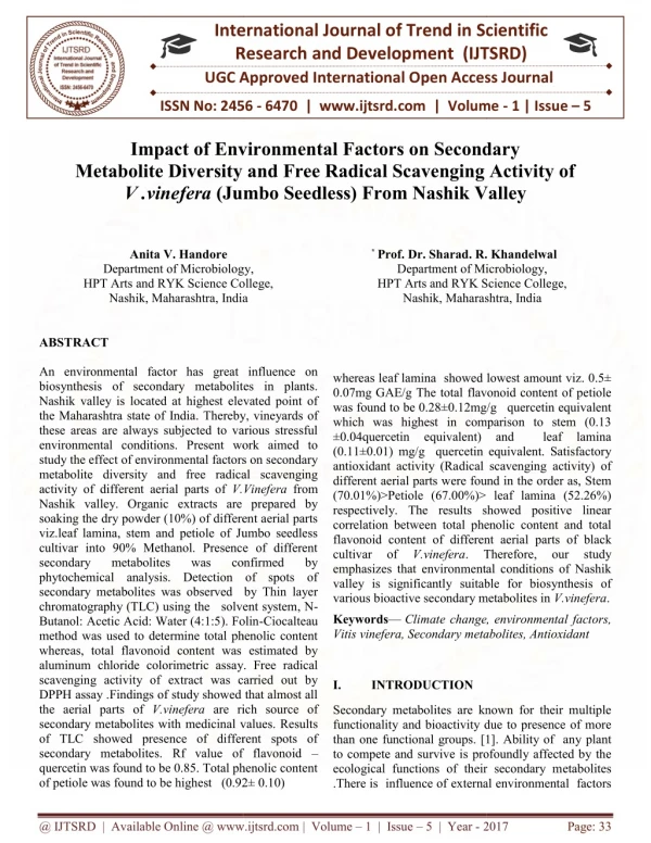 Impact of Environmental Factors on Secondary Metabolite Diversity and Free Radical Scavenging Activity of V .vinefera Ju