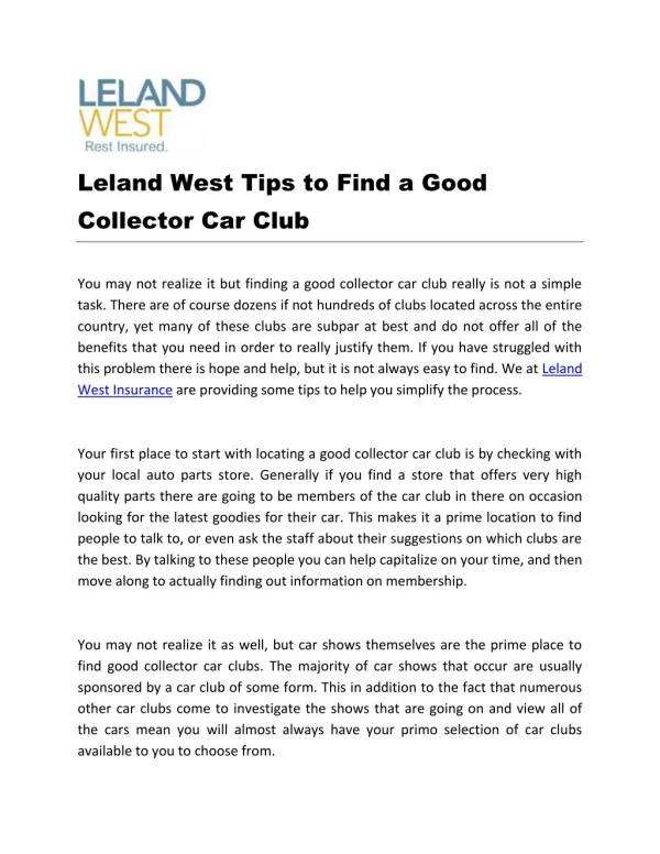 Leland West Tips to Find a Good Collector Car Club
