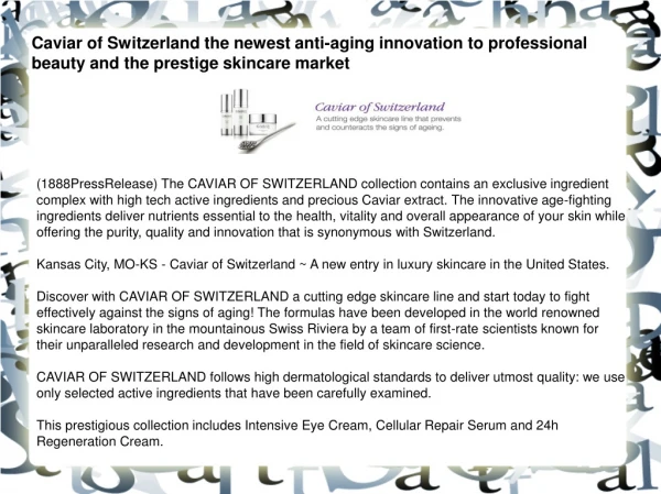 Caviar of Switzerland the newest anti-aging innovation