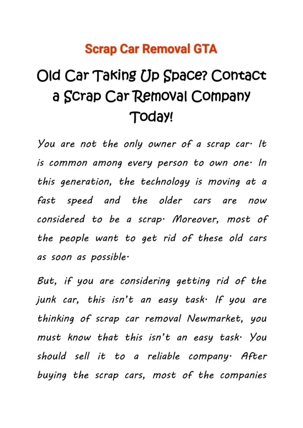 Old Car Taking Up Space? Contact a Scrap Car Removal Company Today!