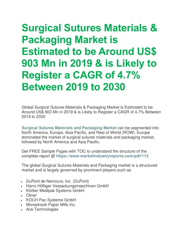 Surgical Sutures Materials & Packaging Market 2019 With Top Countries data : Evolving Technology, Trends, Industry Analy