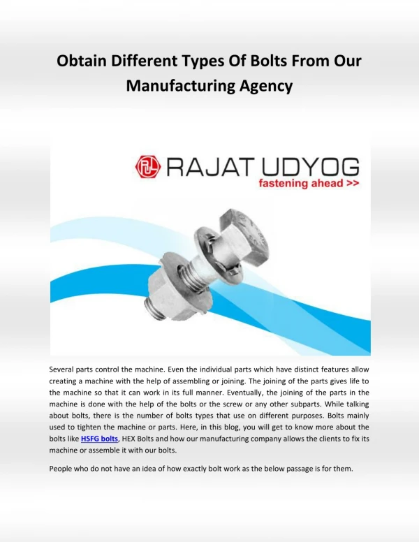 Obtain Different Types Of Bolts From Our Manufacturing Agency