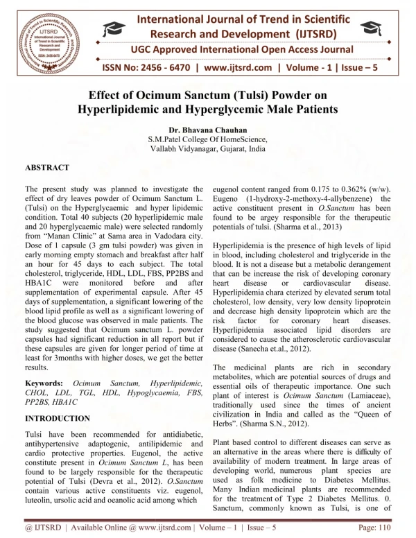 Effect of Ocimum Sanctum Tulsi Powder on Hyperlipidemic and Hyperglycemic Male Patients