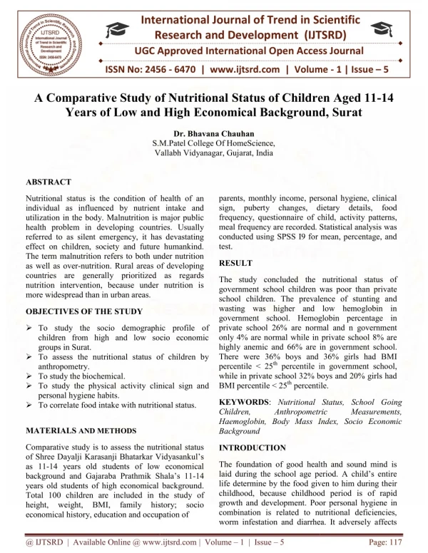 A Comparative Study of Nutritional Status of Children Aged 11 14 Years of Low and High Economical Background, Surat
