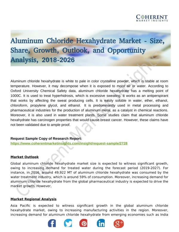 Aluminum Chloride Hexahydrate Market is Expected to Gain Popularity Across the Globe by 2026