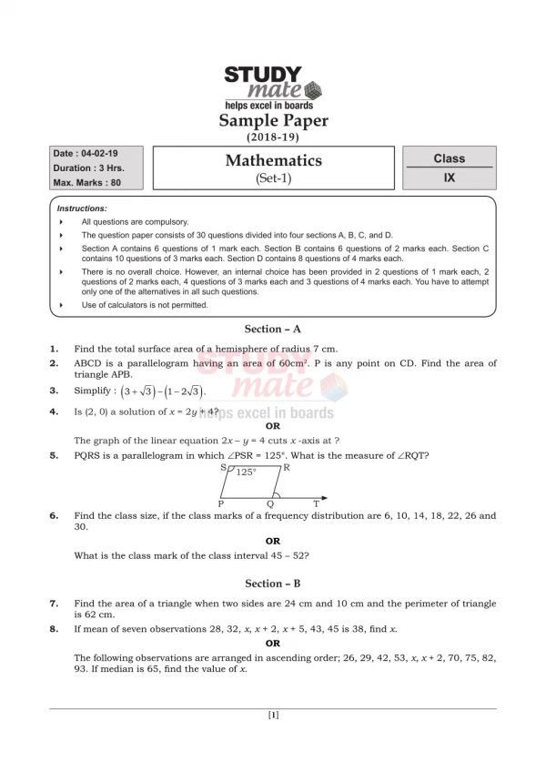 CBSE Class 9 Maths Sample Paper - Studymate