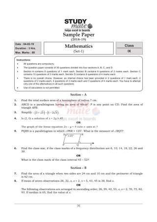 CBSE Class 9 Maths Sample Paper - Studymate - slide 1