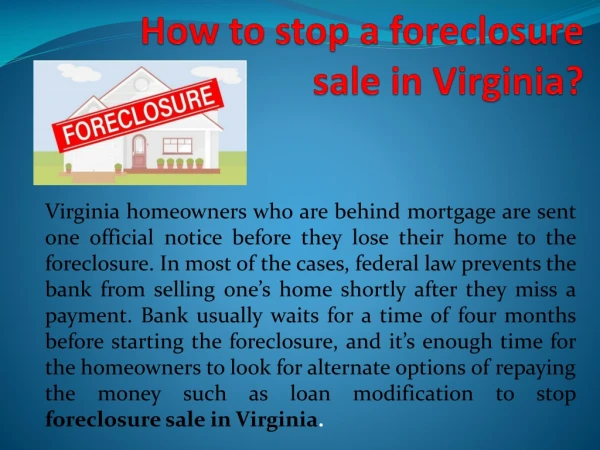 Few Step for Stop Foreclosure Sale in Virginia