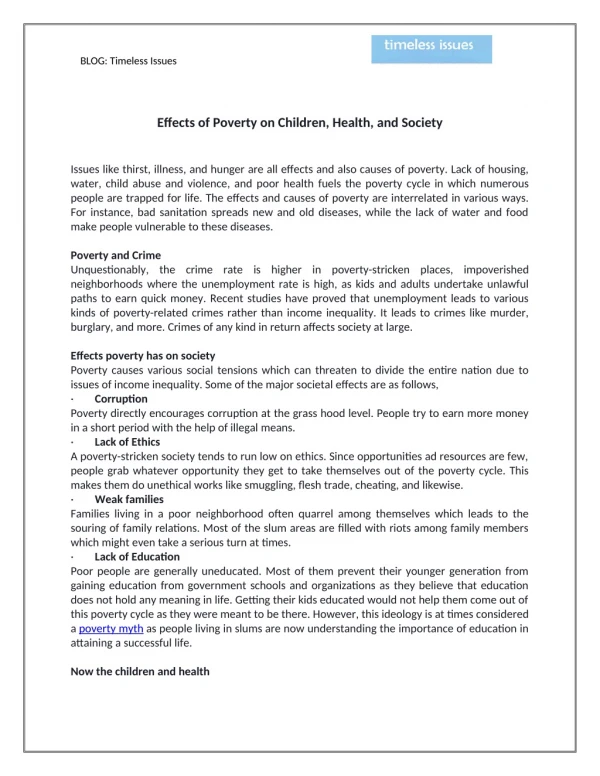 Timeless Issues - Effects of Poverty on Children, Health, and Society