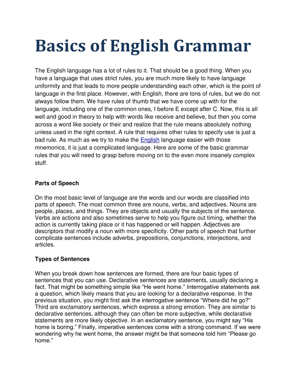 basics of english grammar the english language