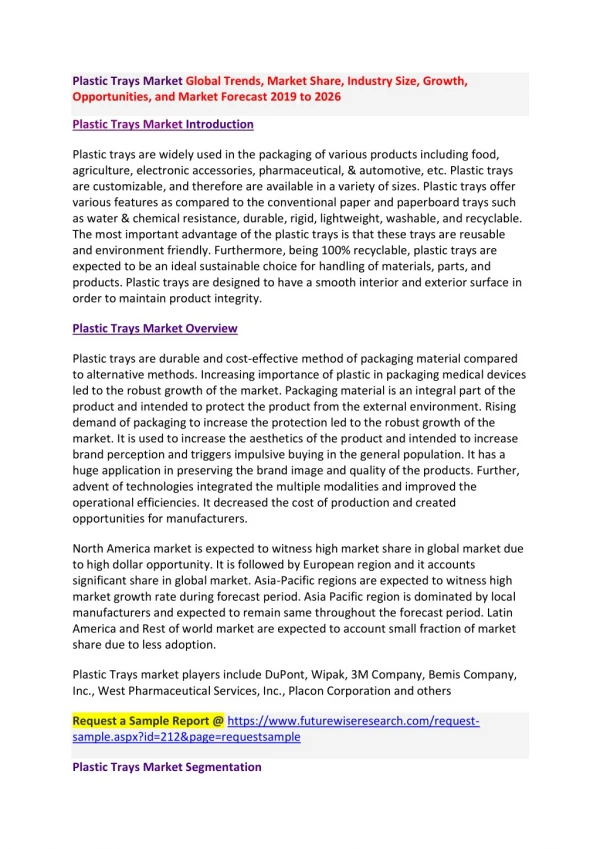 Plastic Trays Market Global Trends, Market Share, Industry Size, Growth, Opportunities, and Market Forecast 2019 to 2026