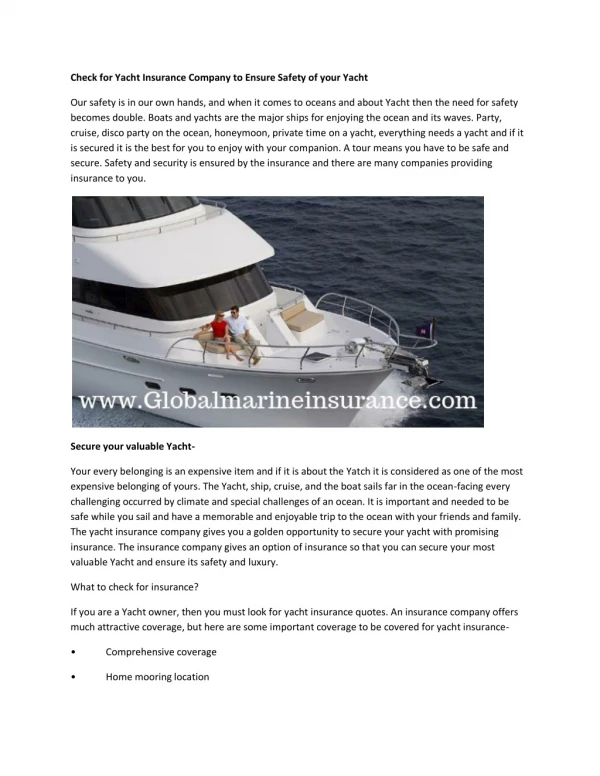 Check for Yacht Insurance Company to Ensure Safety of your Yacht