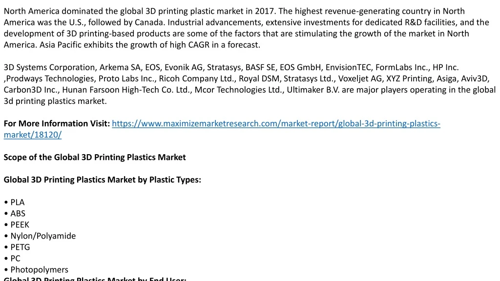 global 3d printing plastics market has valued