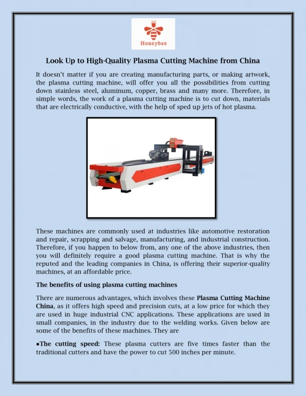 Look Up to High-Quality Plasma Cutting Machine from China