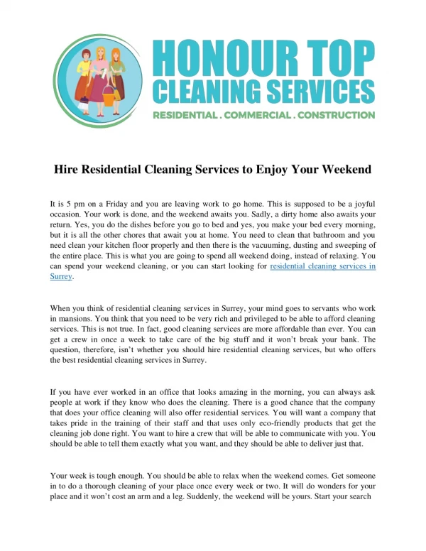 Hire Residential Cleaning Services to Enjoy Your Weekend