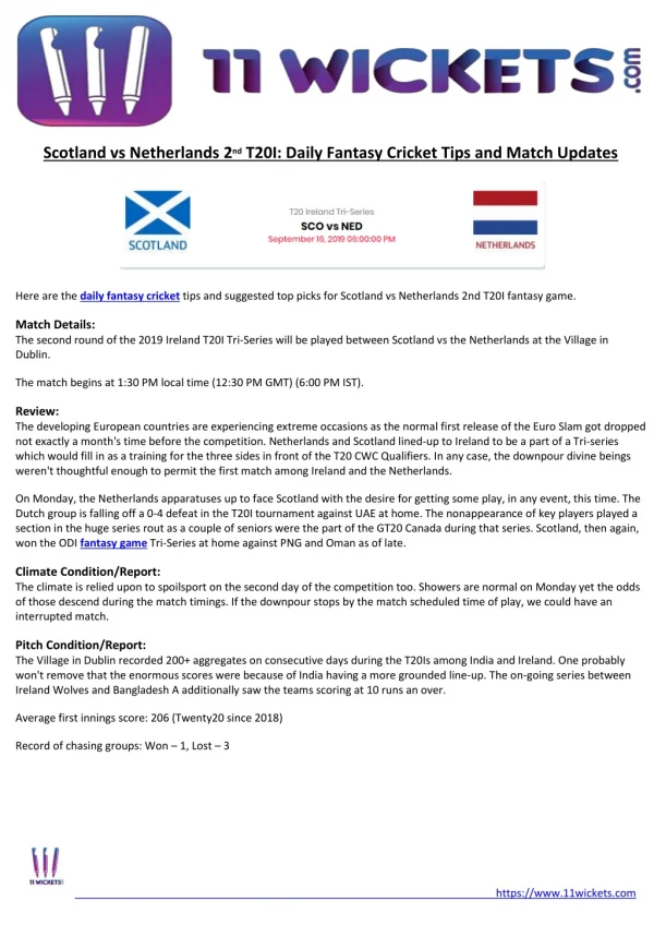 Scotland vs Netherlands 2nd T20I: Daily Fantasy Cricket Tips and Match Updates