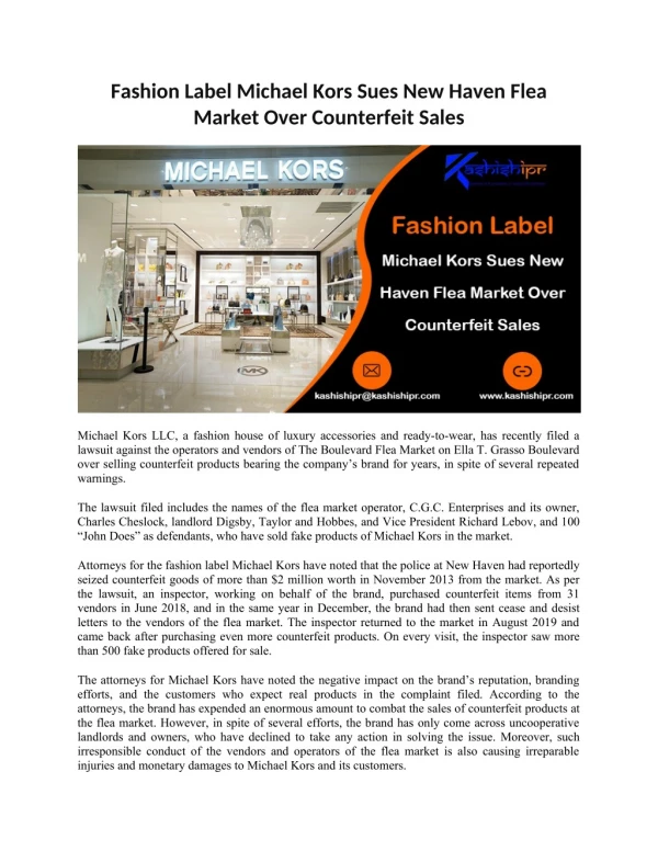 Fashion Label Michael Kors Sues New Haven Flea Market Over Counterfeit Sales