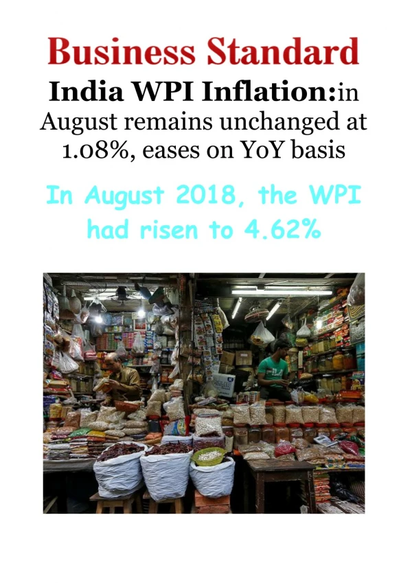 India WPI Inflation-In August Remains Unchanged at 1.08%, Eases on YoY Basis