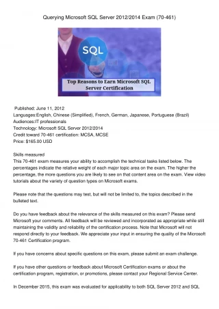 Microsoft SQL Certification 70-461 - slide 1