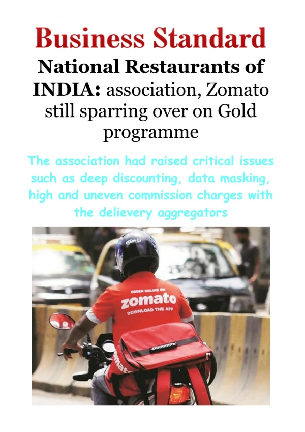 National Restaurants of INDIA-Association, Zomato Still Sparring Over on Gold Programme