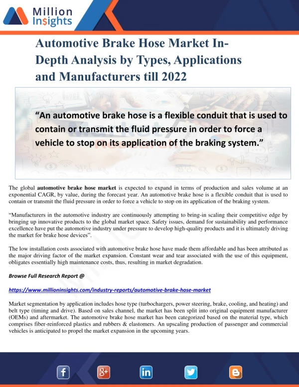 Automotive Brake Hose Market In-Depth Analysis by Types, Applications and Manufacturers till 2022