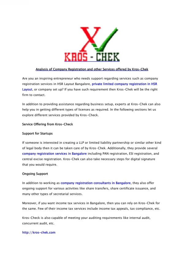 Analysis of Company Registration and other Services offered by Kros-Chek