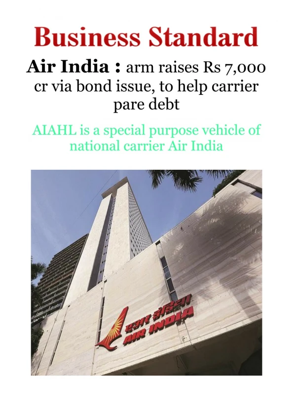 Air India - Arm Raises Rs 7,000 Cr via Bond Issue, To Help Carrier Pare Debt