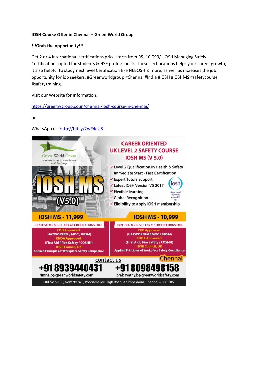 iosh course offer in chennai green world group