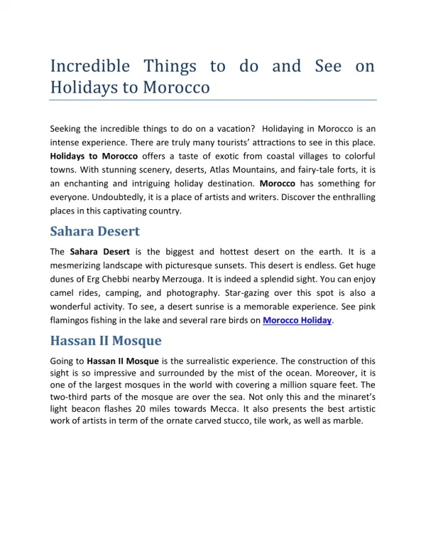 Incredible Things to do and See on Holidays to Morocco