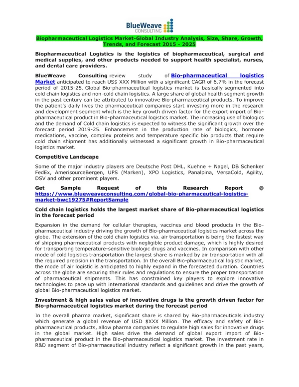 Biopharmaceutical Logistics Market-Global Industry Analysis, Size, Share, Growth, Trends, and Forecast 2015 - 2025