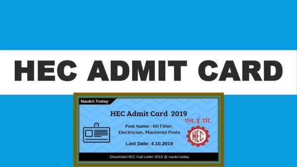 HEC Admit Card 2019 | Download Call Letter for 60 Fitter & Other Posts