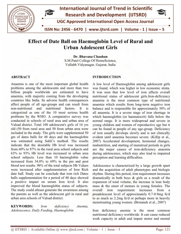 Effect of Date Ball on Haemoglobin Level of Rural and Urban Adolescent Girls