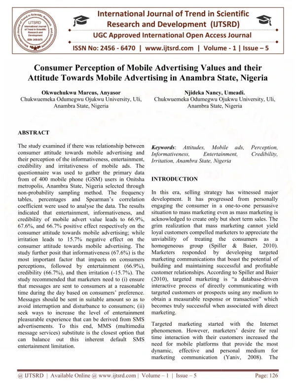 Consumer Perception of Mobile Advertising Values and their Attitude Towards Mobile Advertising in Anambra State, Nigeria