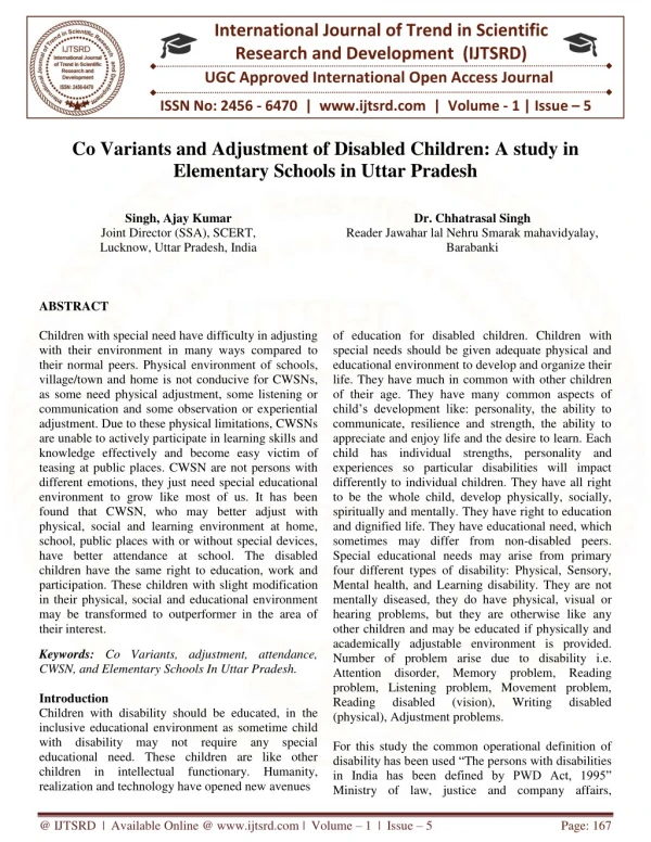 Co Variants and Adjustment of Disabled Children A Study in Elementary Schools in Uttar Pradesh