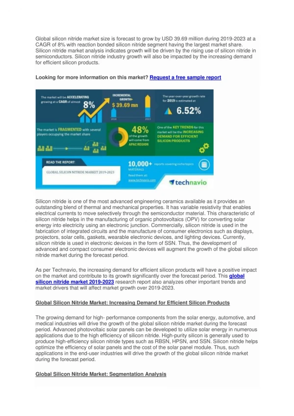 Global Silicon Nitride Market 2019| Increasing Demand for Efficient Silicon Products to Boost Growth - Forecast 2023