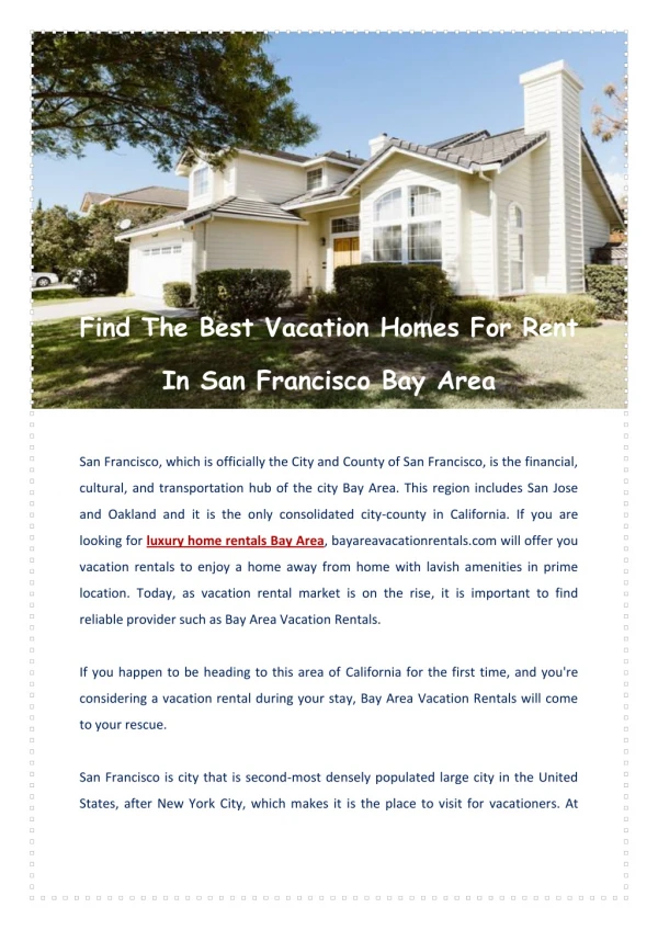 Vacation Homes For Rent In San Francisco Bay Area
