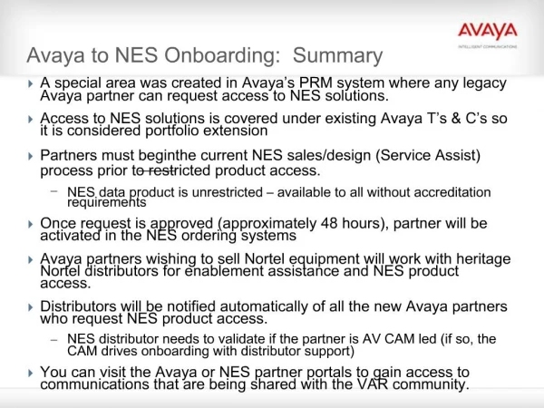 Avaya to NES Onboarding: Summary