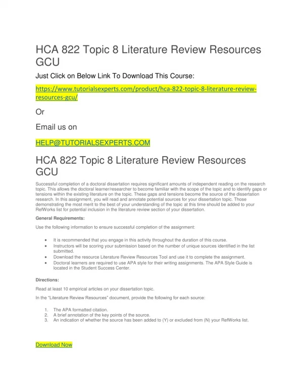 HCA 822 Topic 8 Literature Review Resources GCU
