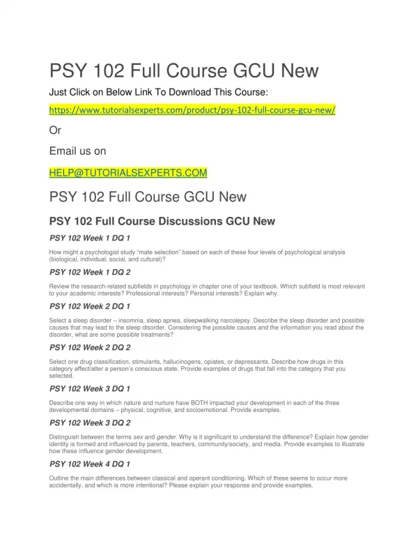 PSY 102 Full Course GCU New