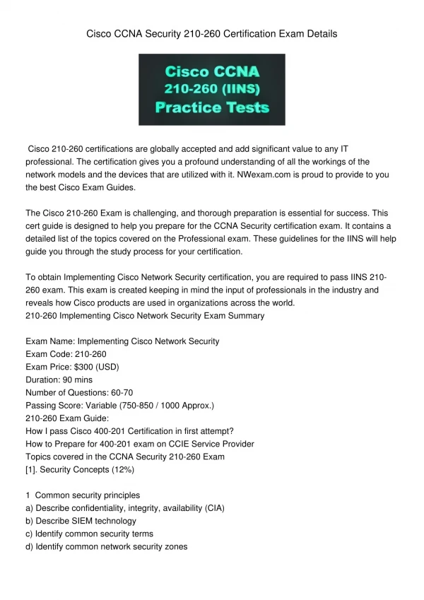 Cisco CCNA Security 210-260 Certification Exam Details