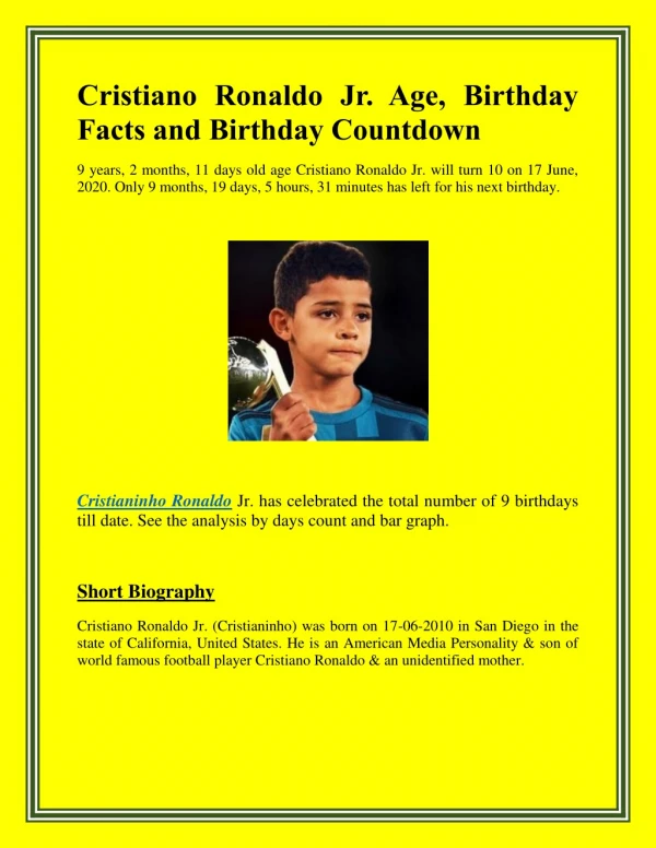 Cristiano Ronaldo Jr. Age, Birthday Facts and Birthday Countdown