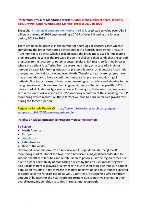 Intracranial Pressure Monitoring Market Global Trends, Market Share, Industry Size, Growth, Opportunities, and Market Fo