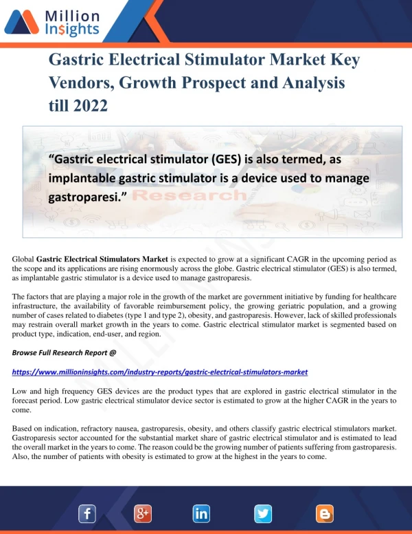Gastric Electrical Stimulator Market Key Vendors, Growth Prospect and Analysis till 2022