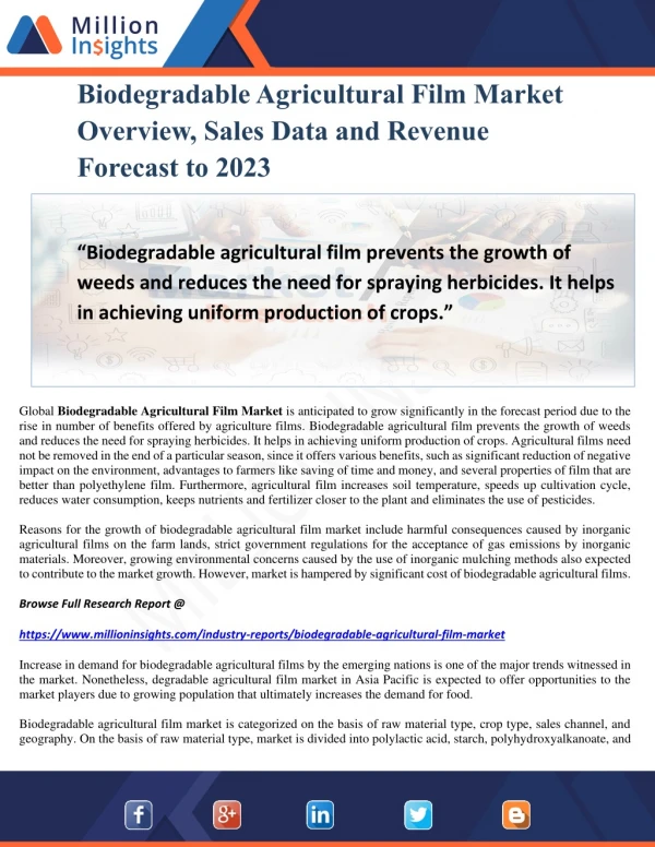 Biodegradable Agricultural Film Market Overview, Sales Data and Revenue Forecast to 2023
