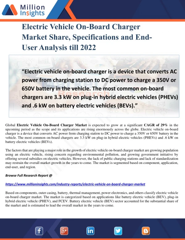 Electric Vehicle On-Board Charger Market Share, Specifications and End-User Analysis till 2022