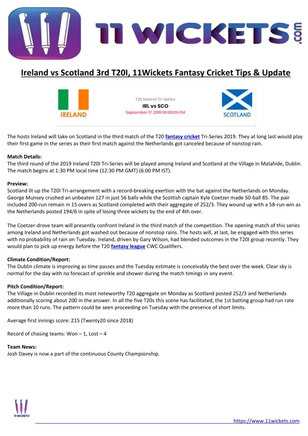 Ireland vs Scotland 3rd T20I, 11Wickets Fantasy Cricket Tips & Update