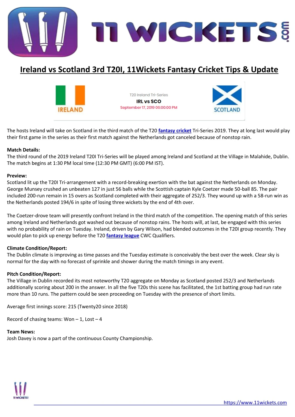 ireland vs scotland 3rd t20i 11wickets fantasy