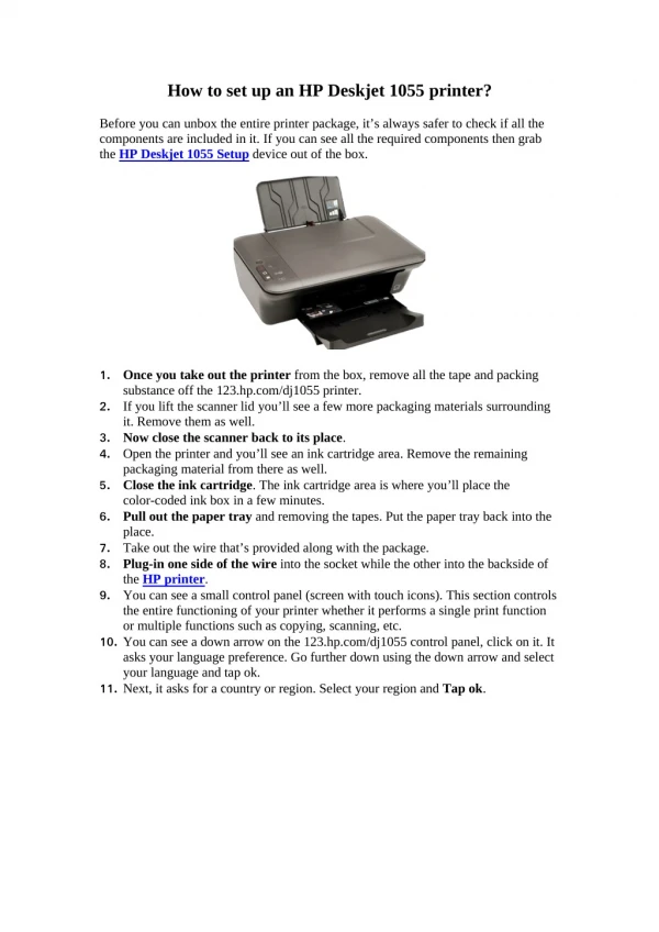 How to set up an HP Deskjet 1055 printer?